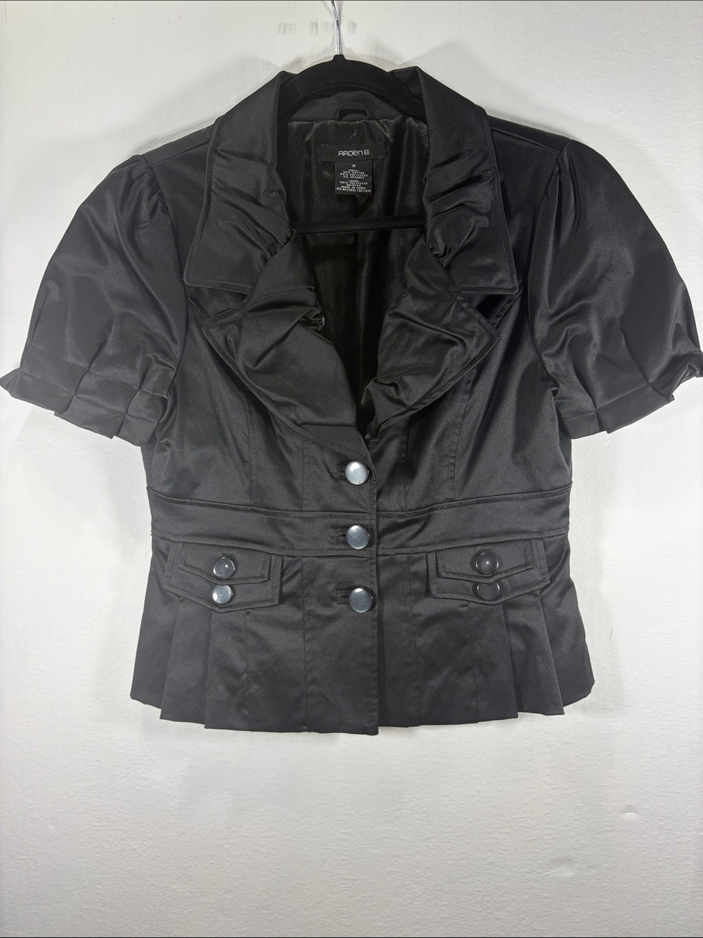 Arden B short sleeve peplum blazer black satin with dramatic ruffled collar